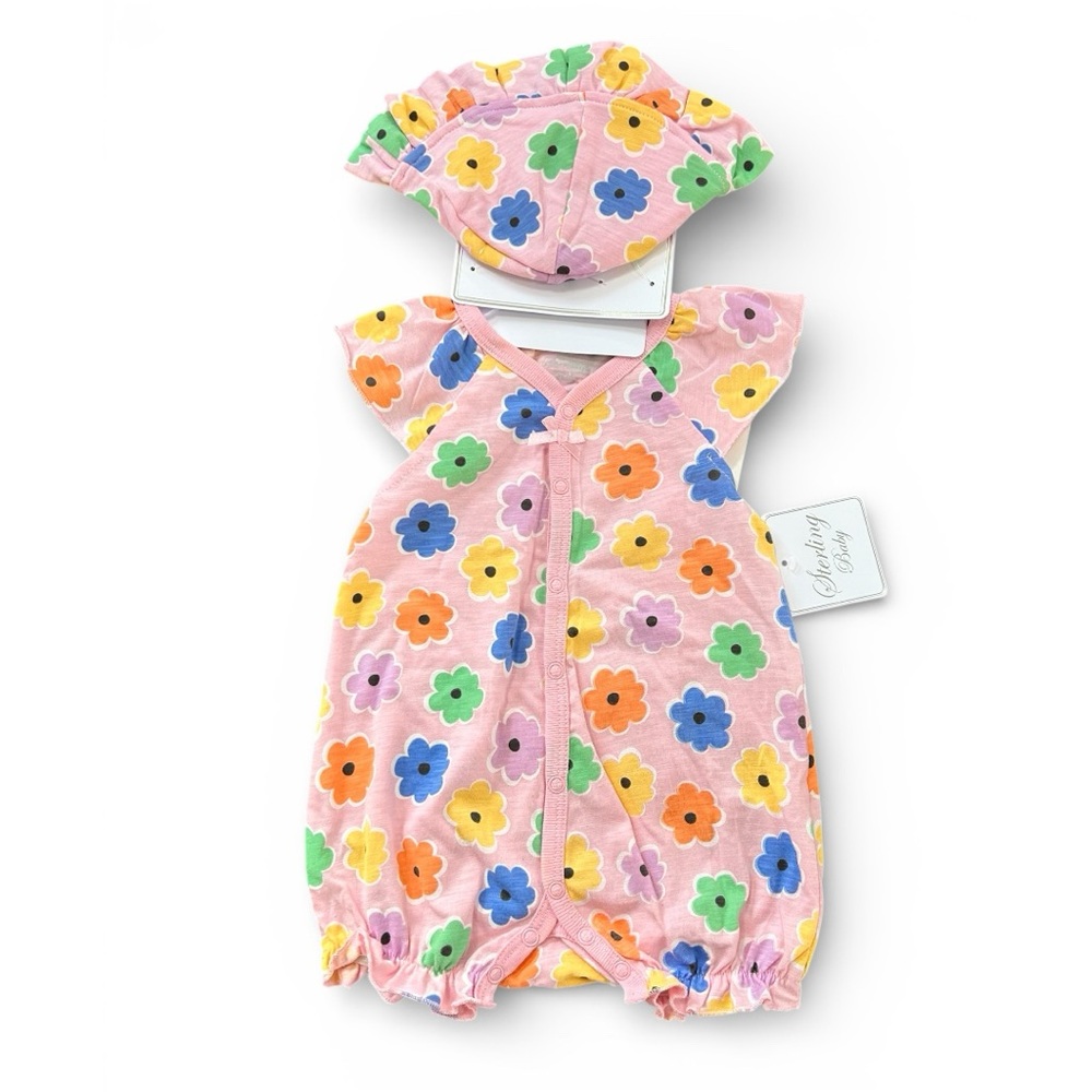NWT Sterling Baby Floral Baby Bubble Romper with Matching Sun Hat